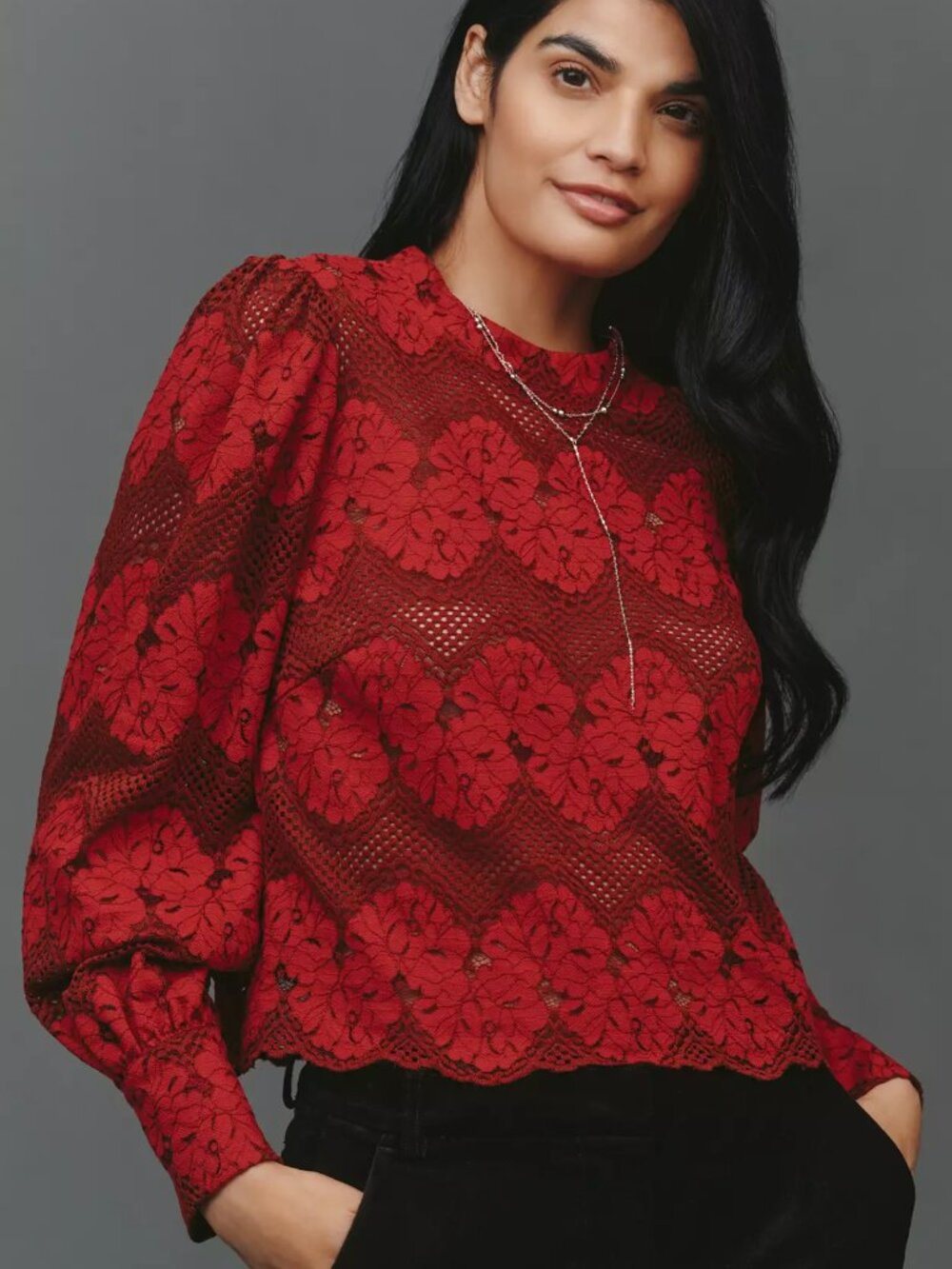 Anthropologie Dolan Left Coast Mock-Neck Lace Blouse, Burgundy, XXS